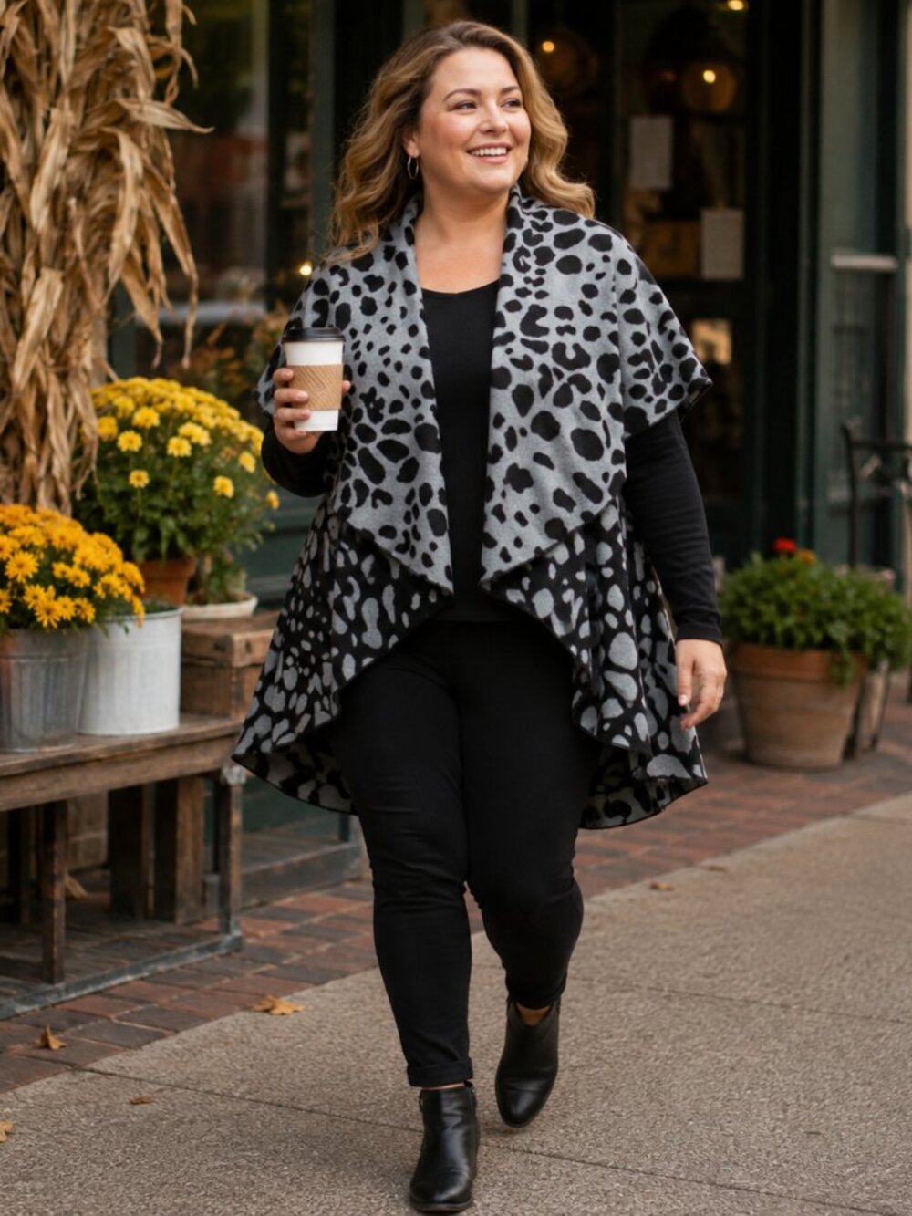 NWT Grey Black Leopard Print Draped Vest One Size